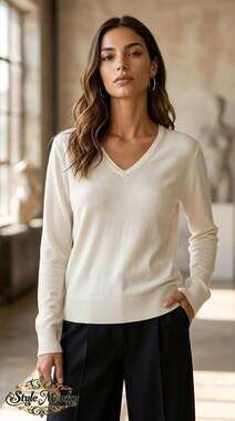 Bhs V-Neck Sweater Size 12 Cream Long Sleeve Knit Pullover